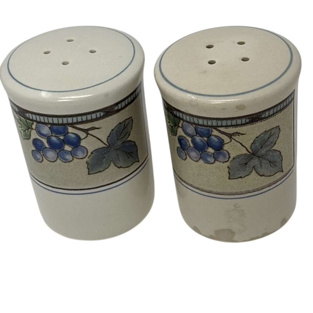Vintage Fruit Motif Stoneware Salt and Pepper Shaker Set Grapes Peaches Malaysia